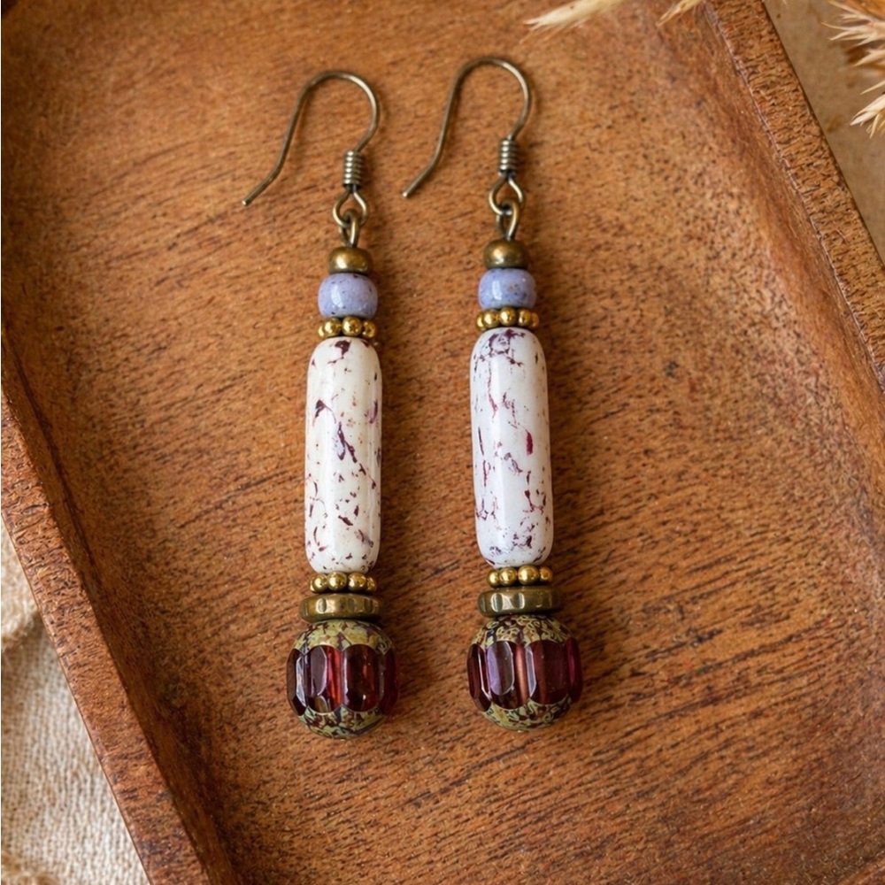 Vintage Artisan Porcelain & Glass Dangle Earrings Boho Neutral